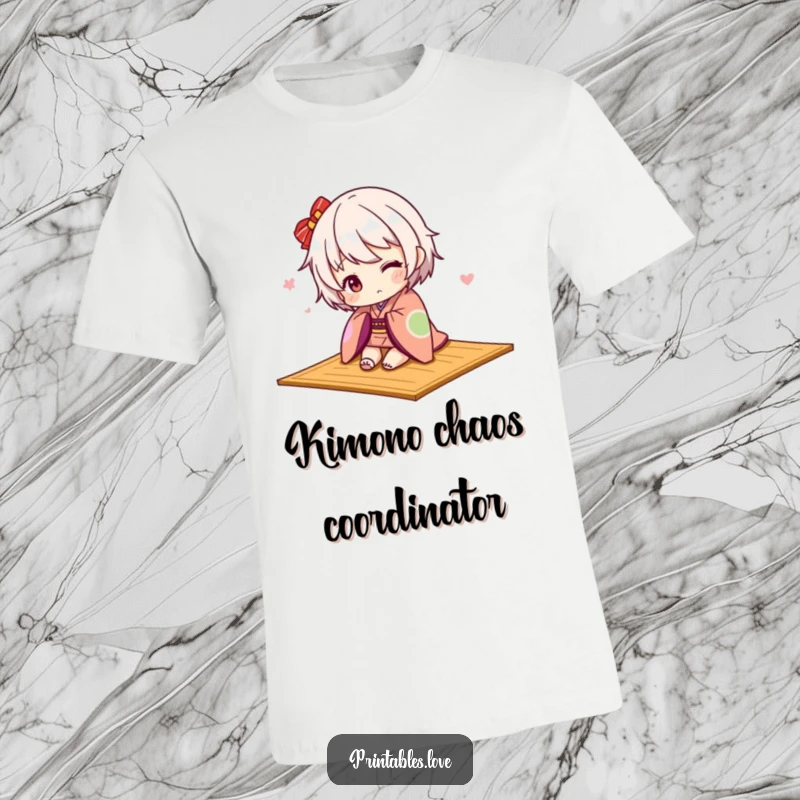Funny Kawaii kimono t-shirt, a cute character tripping over a mat, playful and adorable.