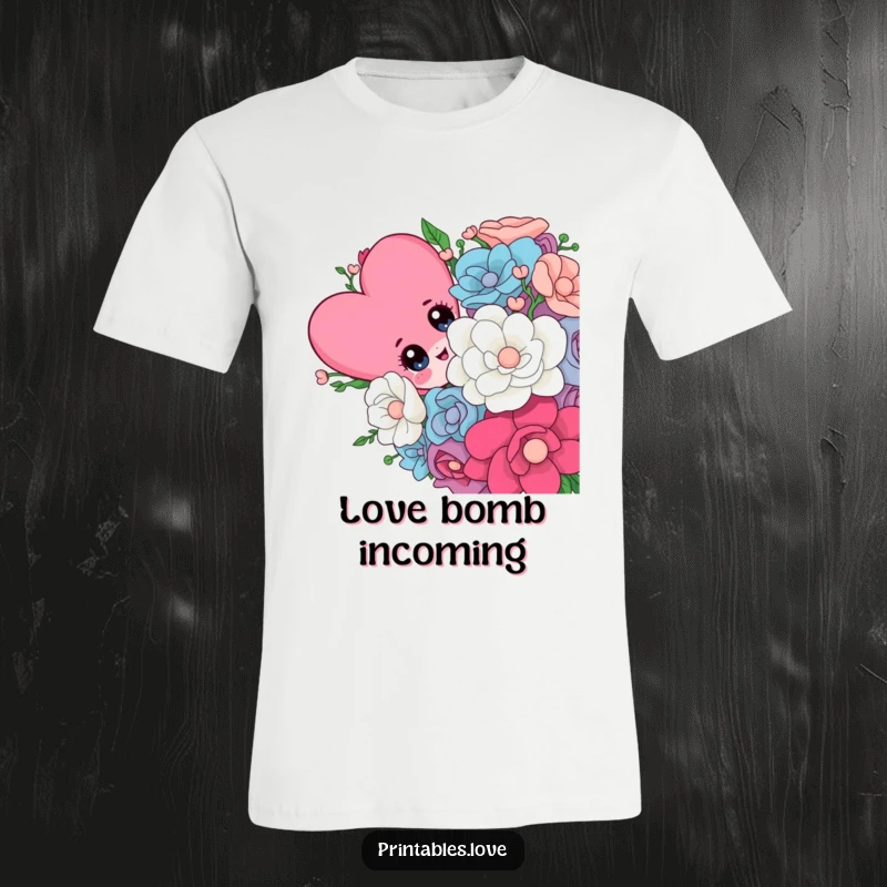 Funny T-shirt featuring a cute heart character with wide, inviting eyes peeking adorably from behind a large, vibrant flower arrangement.