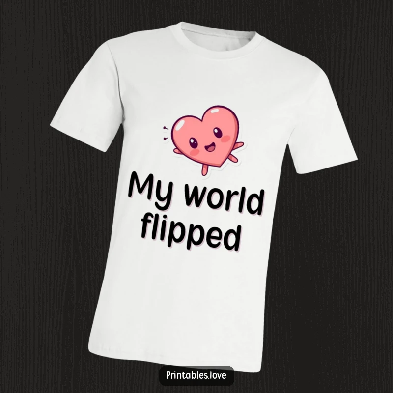 Funny tumbling heart character t-shirt, showcasing a surprised expression while falling head over heels, perfect for a laugh.
