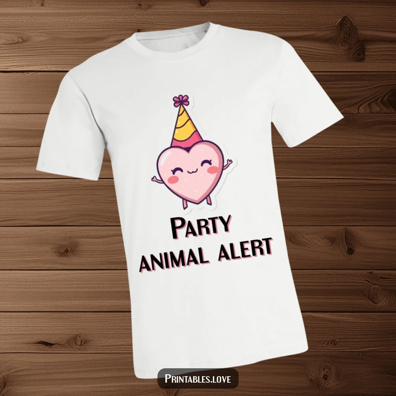 Funny t-shirt featuring a tiny heart wearing a party hat, enthusiastically spinning in a circle, expressing pure celebration.