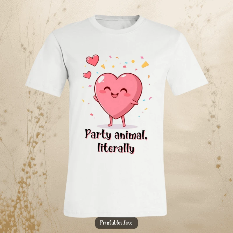 Funny t-shirt with a smiling, plump heart character enthusiastically throwing confetti into the air, showing pure excitement.