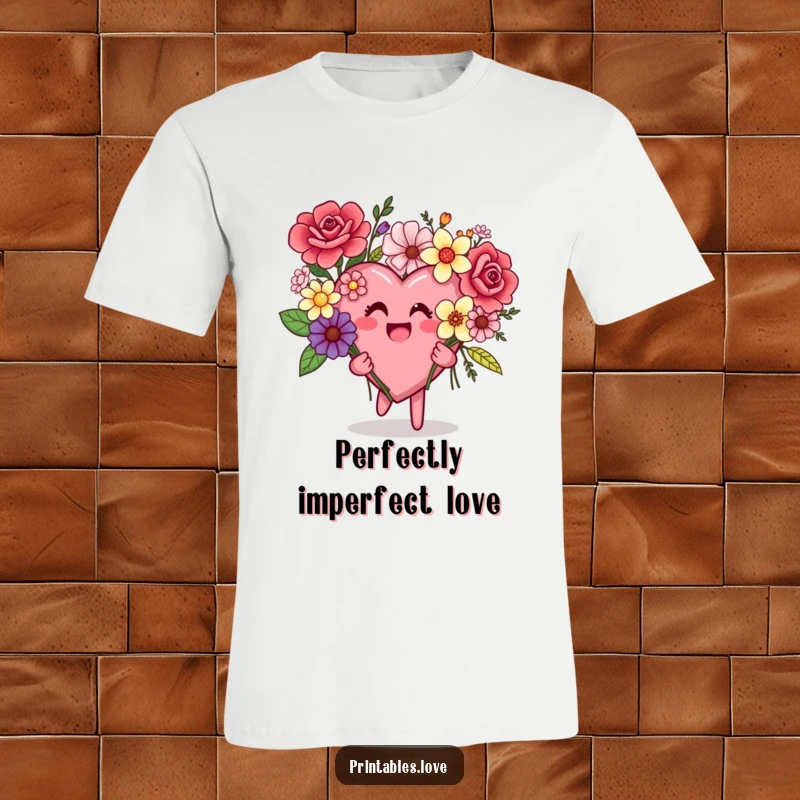 Funny T-shirt showcasing a heart character enthusiastically holding a vibrant, delightfully disorganized bouquet of assorted flowers.