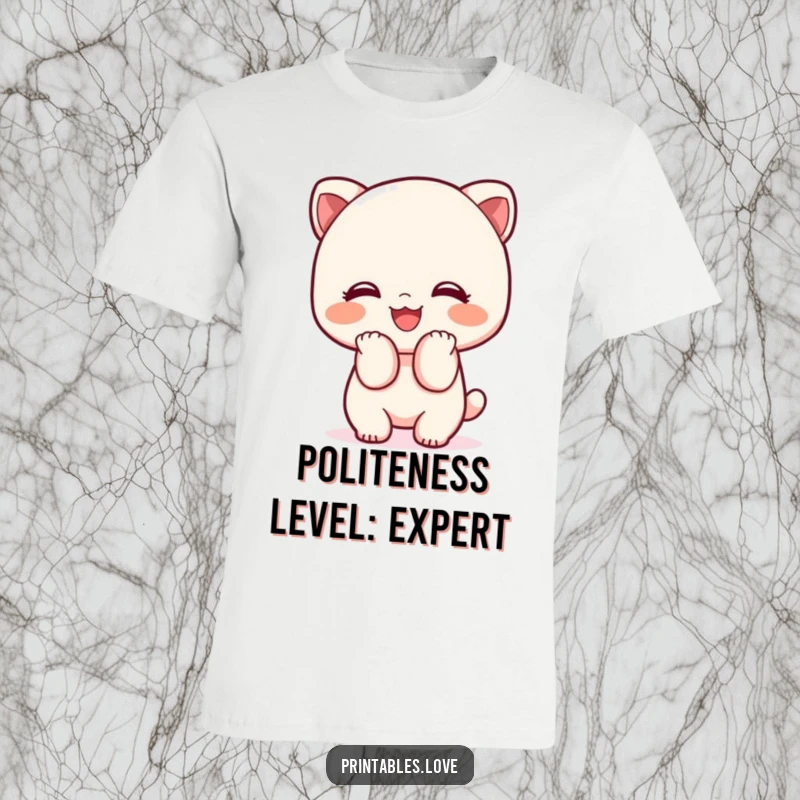 Funny Kawaii t-shirt showing a cute character bowing politely with a huge, genuine smile, expressing warmth.