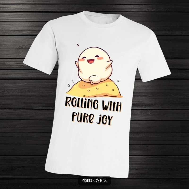 Funny t-shirt depicting a determined dumpling character rolling down a hill with gleeful abandon, a humorous representation of forward momentum.