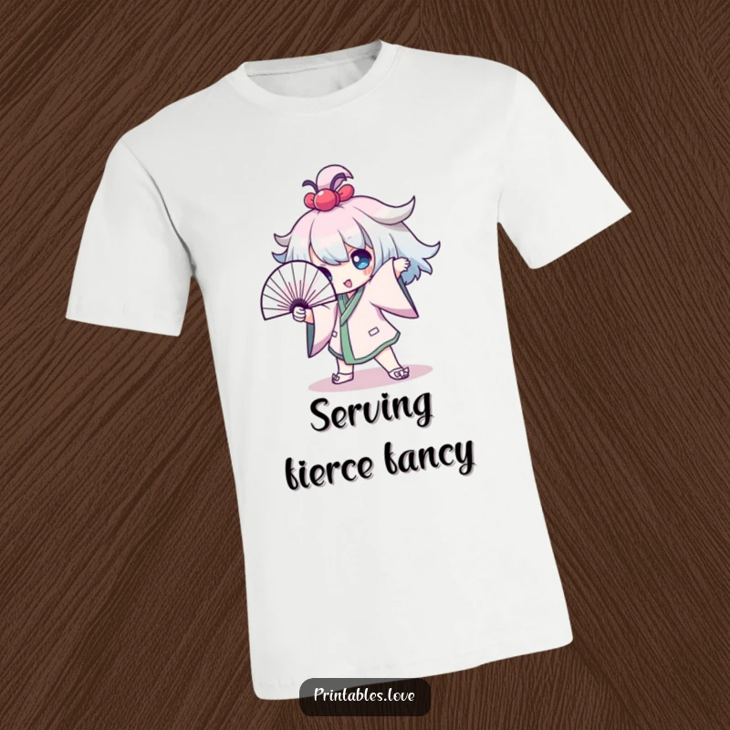 Funny T-Shirt with a Kawaii character striking a dramatic pose with a fan, radiating sass and confidence, ideal for theater lovers.