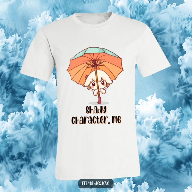 Funny T-Shirt with a Kawaii character peeking from behind a large umbrella, conveying a sense of playful hiding and shy curiosity.