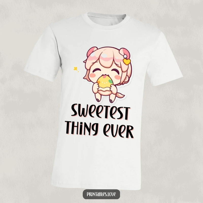 Cute Kawaii character, eyes sparkling, joyfully eating a colorful sweet treat, on a funny t-shirt.