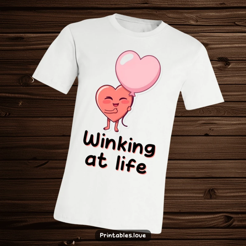 Funny t-shirt displaying a heart character winking playfully while holding a large, somewhat deflated balloon, suggesting a humorous outlook.