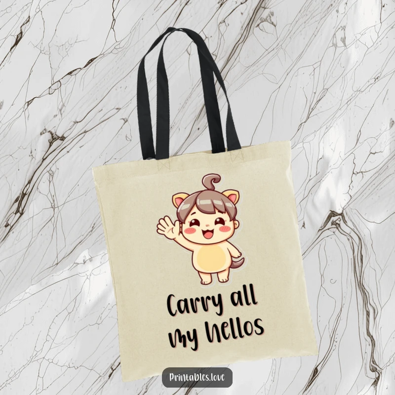 Funny Kawaii Tote Bag with a cute character in a big, enthusiastic hello wave, ideal for everyday use.
