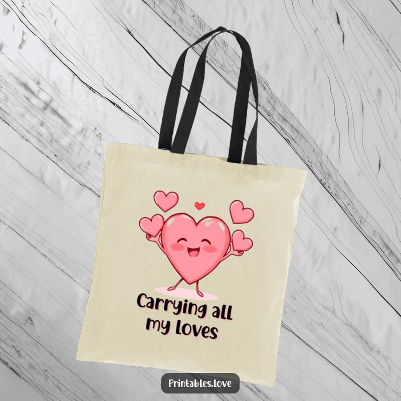 Funny tote bag featuring a gleeful heart character juggling small hearts, ideal for carrying items with joy.