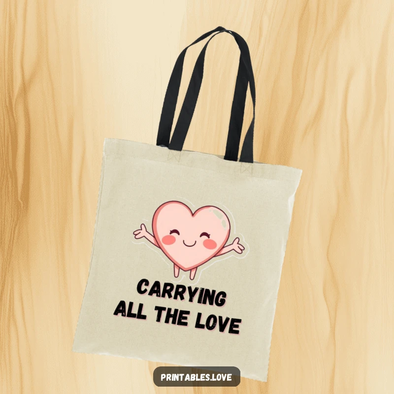 Funny tote bag with a heart character giving a big, welcoming hug, designed for everyday use and cheerful vibes.