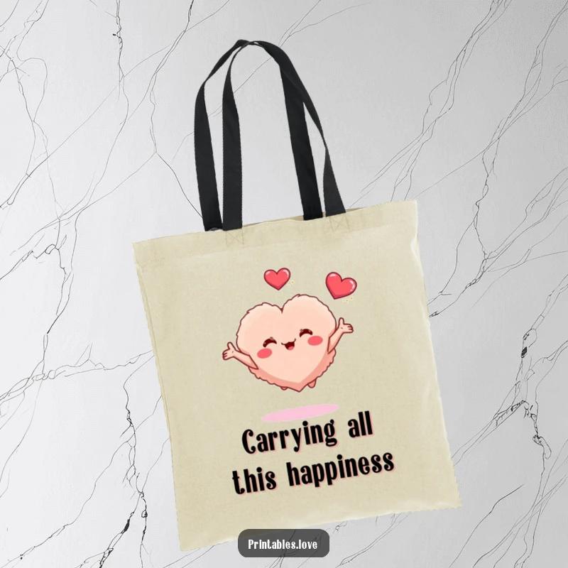 Funny tote bag with a small fluffy heart character joyfully bouncing, arms outstretched, inviting interaction and happiness.