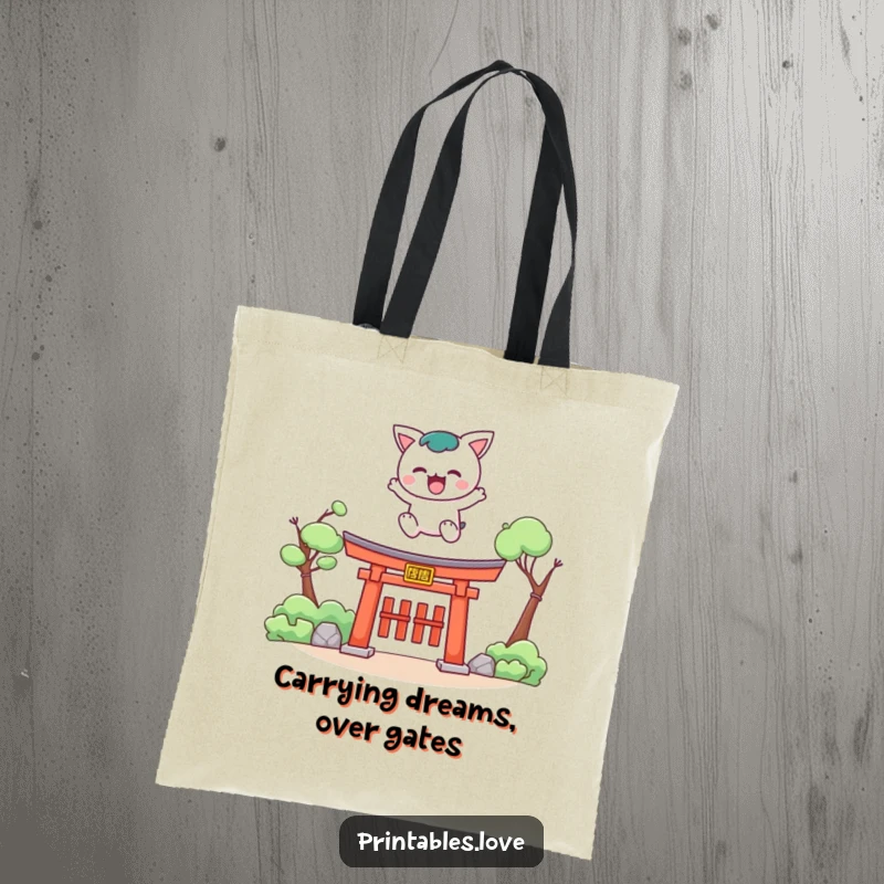 Funny Kawaii tote bag with a cute character leaping over a torii gate, perfect for carrying adventure gear.