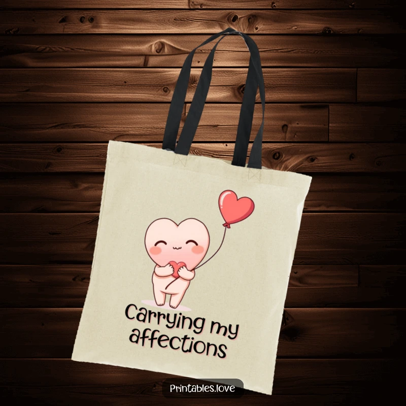 Funny tote bag with a heart blushing deeply and shyly holding a heart balloon, perfect for carrying essentials with tenderness.