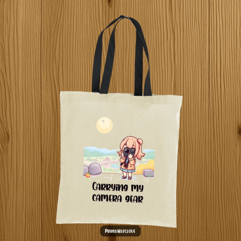 Funny Kawaii Camera Tote Bag: A durable tote showcasing a cute character posing with a camera in a scenic spot.