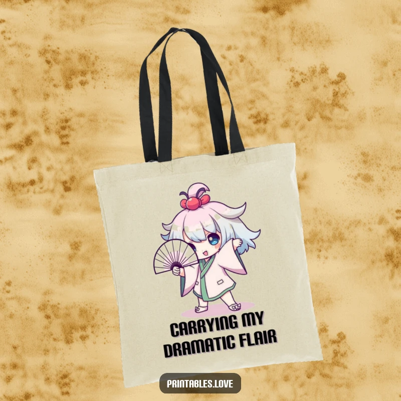 Funny Tote Bag featuring a Kawaii character striking a dramatic pose with a fan, perfect for carrying essentials with a touch of sass.