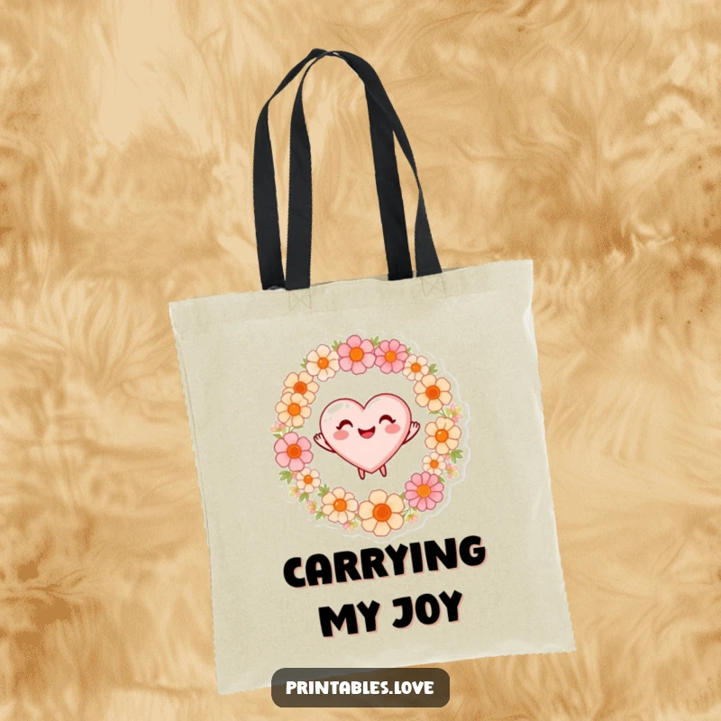 Funny tote bag featuring a heart with a beaming smile, actively dancing within a ring of beautiful flowers.