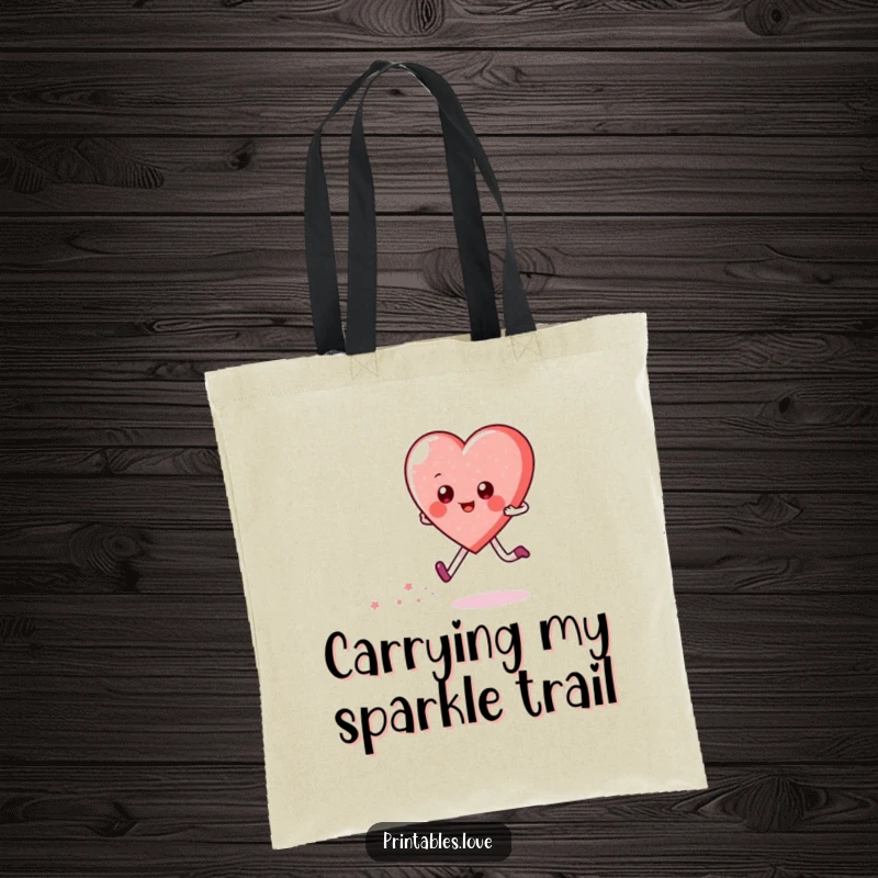 Funny tote bag showcasing a happy heart character skipping, leaving a trail of subtle sparkles. Humorous and practical for daily use.