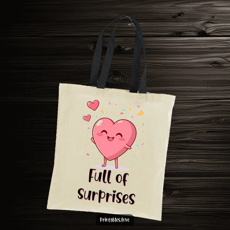 Funny tote bag with a smiling, plump heart character enthusiastically throwing confetti into the air, perfect for carrying items.