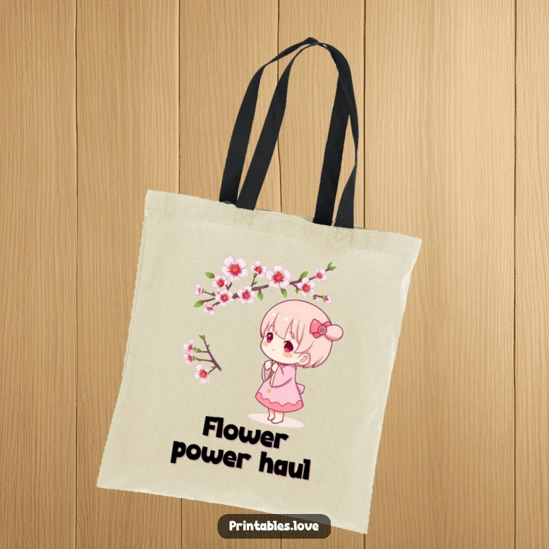 Funny Kawaii tote bag depicting a cute character serenely admiring a blooming cherry blossom branch, perfect for everyday use.