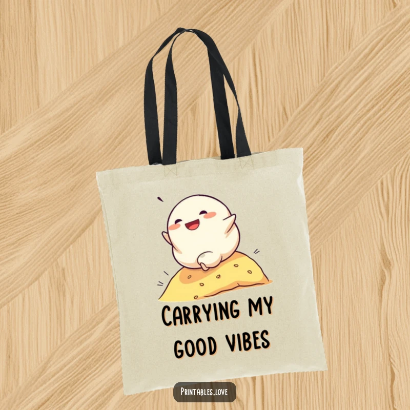 Funny tote bag illustrating a determined dumpling character rolling down a hill with glee, a delightful accessory for daily journeys.