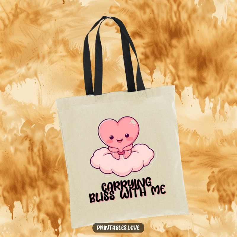 Funny tote bag with a smiling heart character resting on a heart-shaped cloud, perfect for carrying daily items.