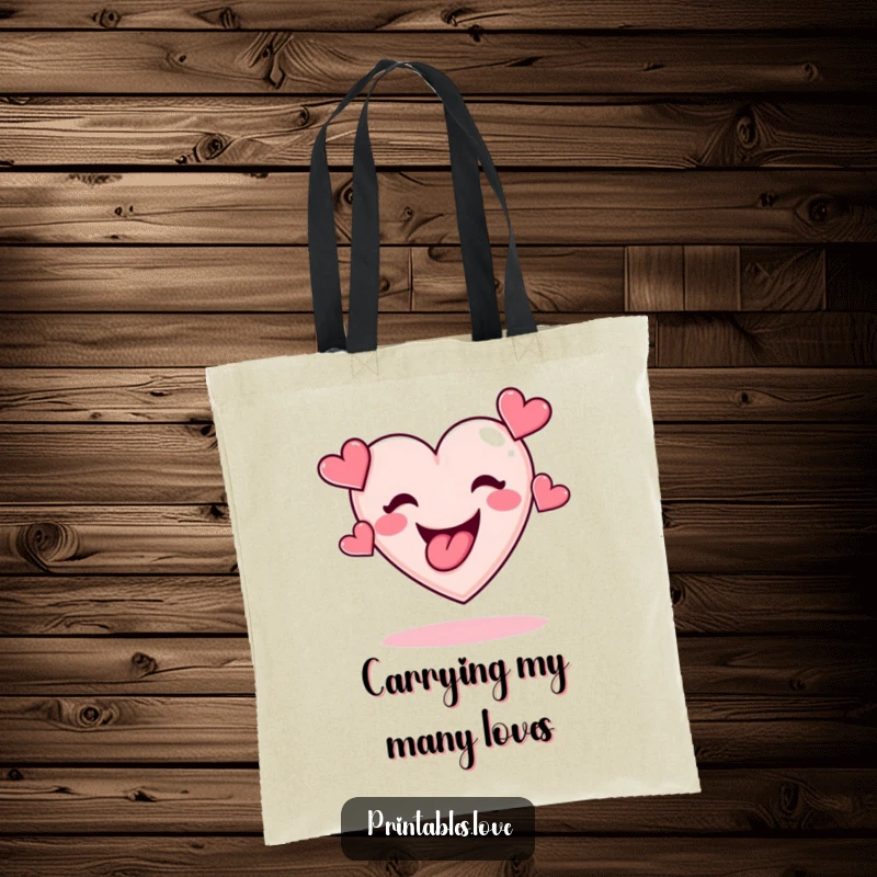 Funny tote bag featuring a cheeky heart with tongue out, juggling a collection of miniature hearts, emphasizing fun.