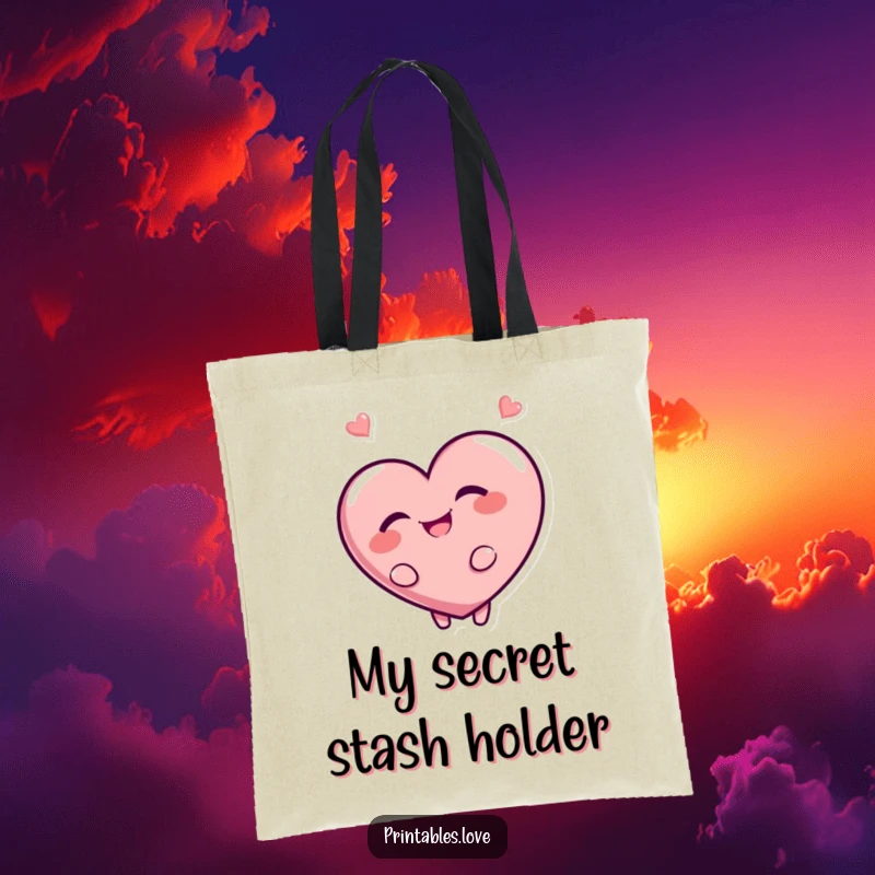 Funny tote bag showcasing a giggling heart character looking back with a mischievous grin. Humorous and practical for daily use.