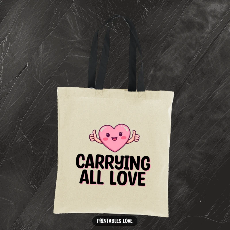 Funny tote bag with a cute pink heart character giving a thumbs up, symbolizing positivity and support.
