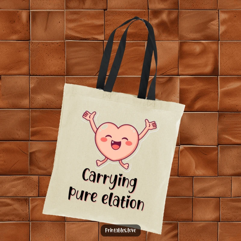 Funny Tote Bag featuring a small, round heart character leaping enthusiastically with arms outstretched, embodying pure happiness and delight.