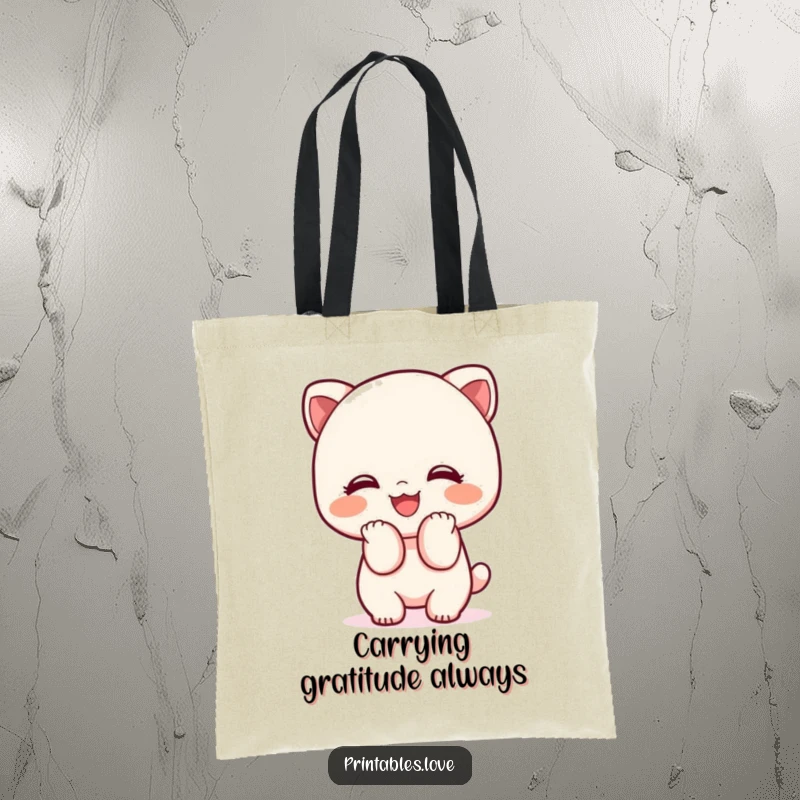 Funny Kawaii tote bag showing a cute character bowing with a big smile, perfect for carrying items politely.