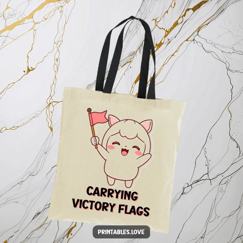 Funny Tote Bag featuring a Kawaii character excitedly waving a small flag, ideal for carrying items with a joyful and celebratory vibe.