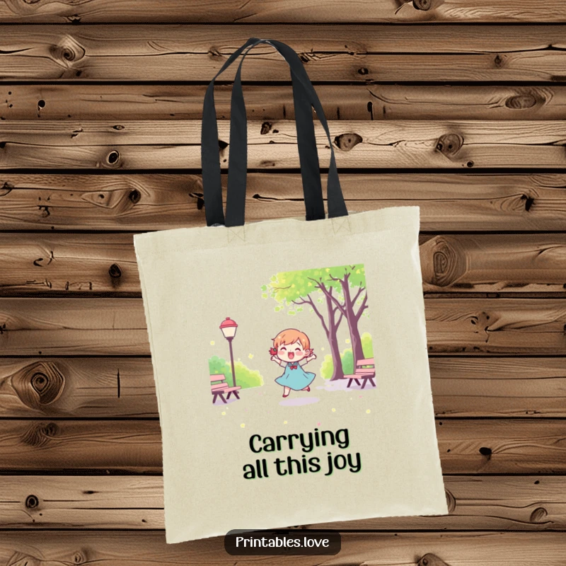 Funny Kawaii Dancing Character Tote Bag: A durable tote showcasing a cute, happy character energetically dancing in a park setting.