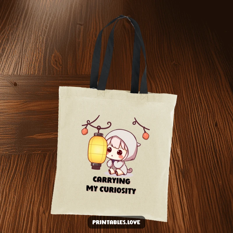 Funny Kawaii Lantern Tote Bag: A practical tote showcasing a cute character curiously observing a lit paper lantern.