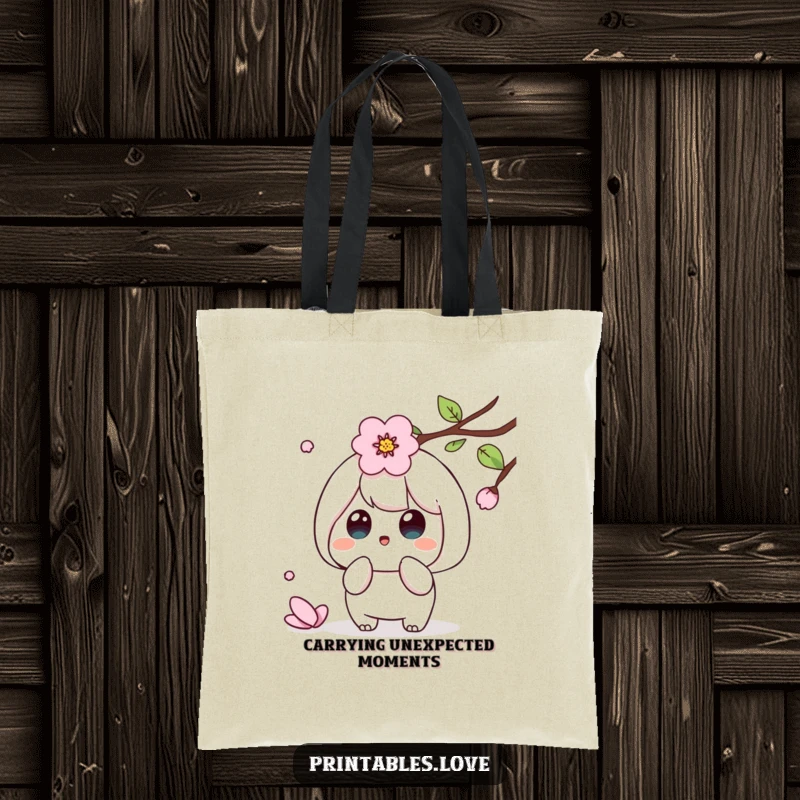 Funny Kawaii tote bag featuring a cute character surprised by a falling cherry blossom petal, embodying spring's beauty.