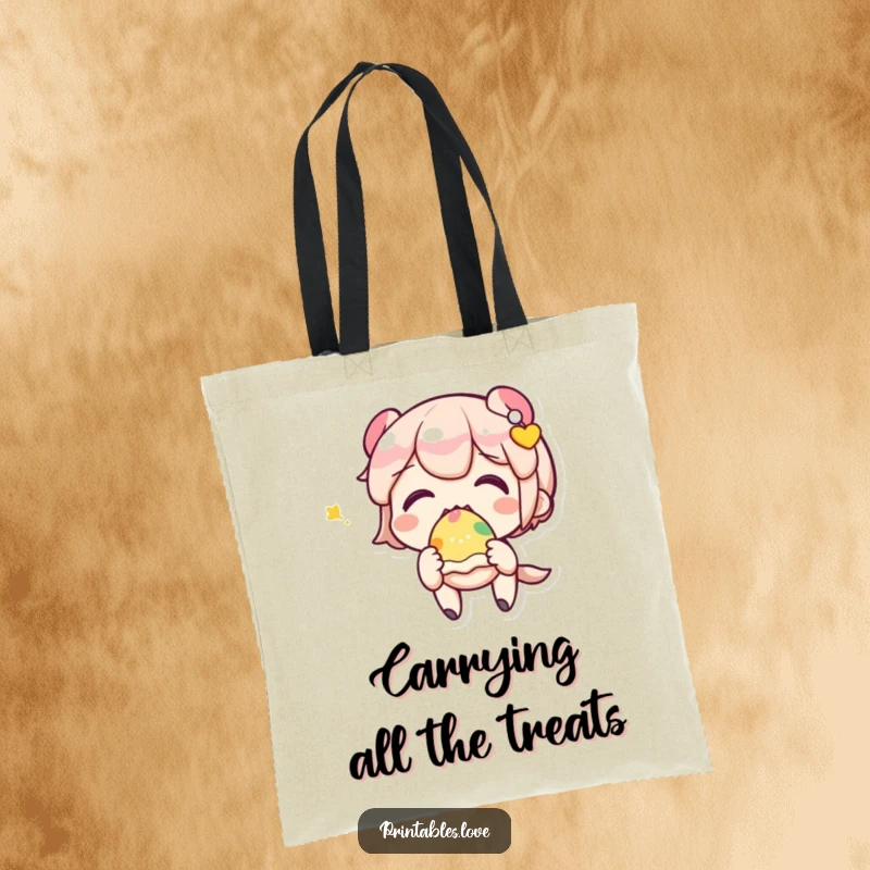 Durable funny tote bag with a happy Kawaii character excitedly eating a colorful sweet treat.