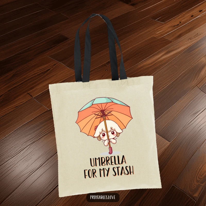 Funny Tote Bag with a Kawaii character peeking from behind a large umbrella, perfect for carrying essentials with a touch of playful secrecy.