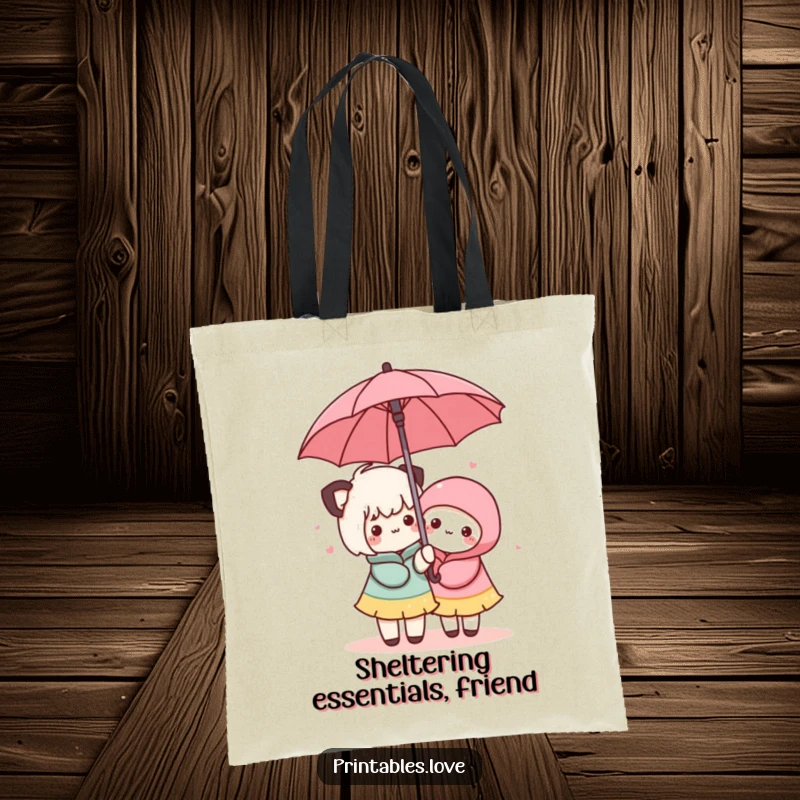 Funny Kawaii Umbrella Tote Bag: A cute tote bag illustrating two characters sharing an umbrella, symbolizing support.