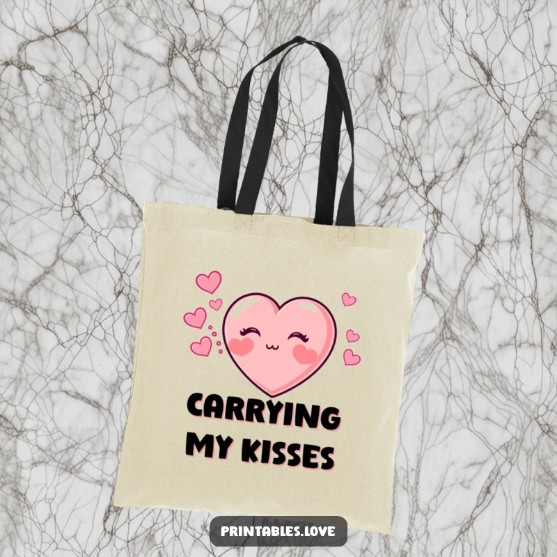 Funny tote bag with a heart character having chubby cheeks, blowing a kiss with a trail of hearts, spreading affection.