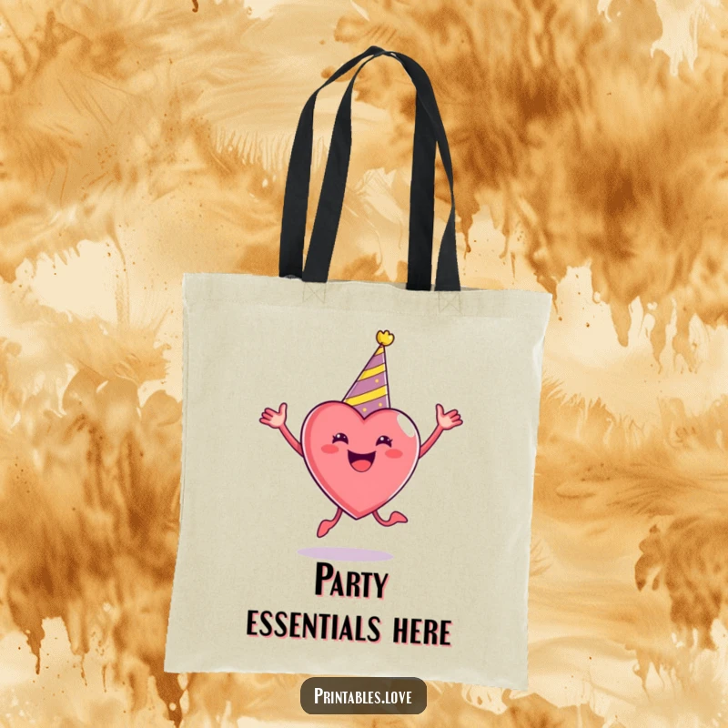 Funny Party Heart Tote Bag wearing a party hat, enthusiastically jumping, ready to carry your items with festive flair.