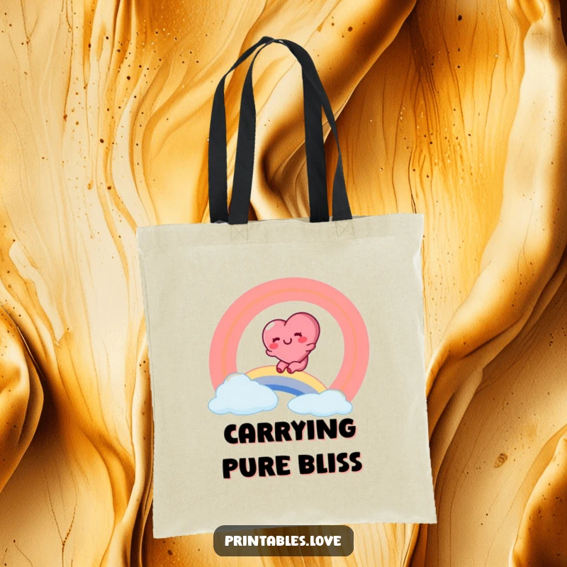 Funny tote bag with a rosy-cheeked heart character gleefully sliding down a colorful rainbow.