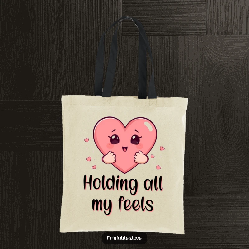 Funny tote bag featuring a heart character with little hands cupping hearts, eyes wide with an expression of surprise.