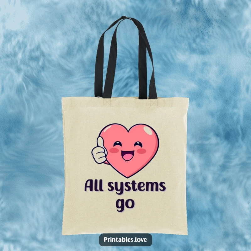 Funny Tote Bag with a cheerful cartoon heart giving a thumbs up, perfect for carrying groceries or essentials with a humorous vibe.