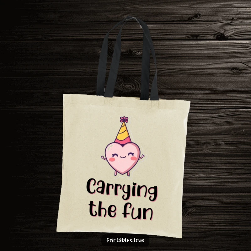 Funny tote bag showcasing a tiny heart in a festive party hat spinning joyfully, ideal for cheerful carrying.