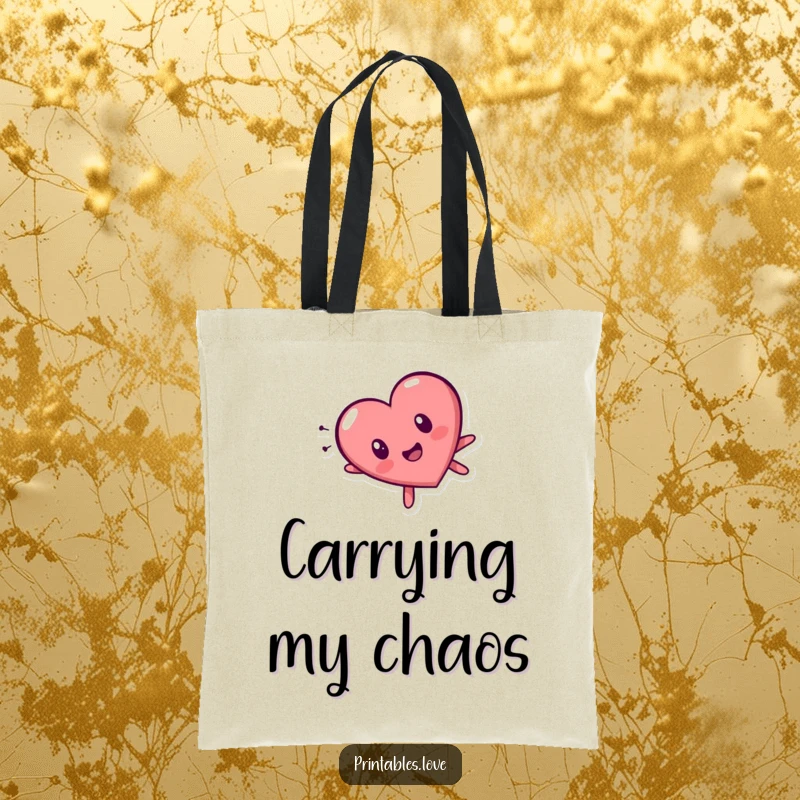 Funny tumbling heart character tote bag, showing a surprised expression while falling head over heels, great for daily use.