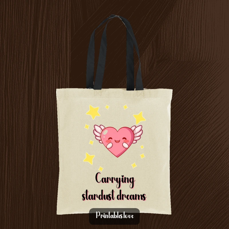 Funny tote bag adorned with a heart character soaring with wings through a starry sky, perfect for carrying your hopes.