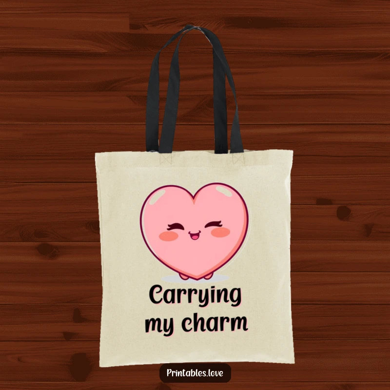 Funny Tote Bag featuring a plump heart character winking playfully with a rosy blush, embodying a cute and charmingly mischievous vibe.