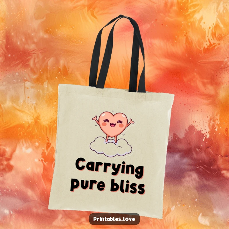 Funny tote bag with a tiny, round heart character joyfully bouncing on a cloud with arms outstretched, perfect for carrying items.