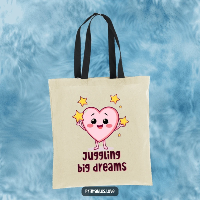 Funny tote bag featuring a heart character with a cheeky grin juggling three radiant, sparkling stars.