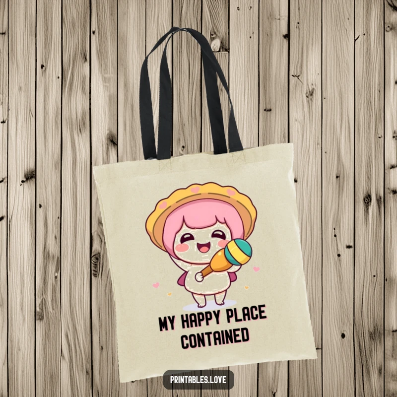 Funny Kawaii tote bag showing a happy character shaking a maraca, perfect for carrying essentials with a festive flair.